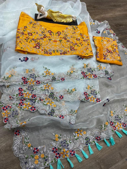 Sea green organza embroidered sequence work party wear saree