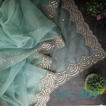 Sea green organza embroidered sequence work saree