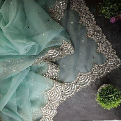 Sea green organza embroidered sequence work saree