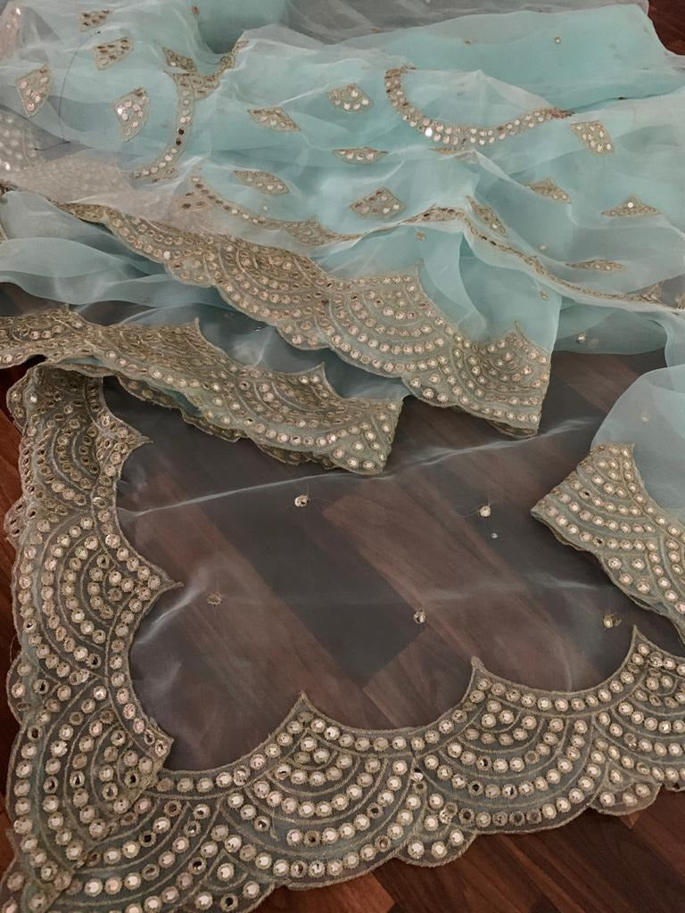 Sea green organza embroidered sequence work saree