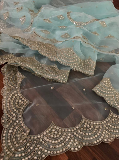 Sea green organza embroidered sequence work saree