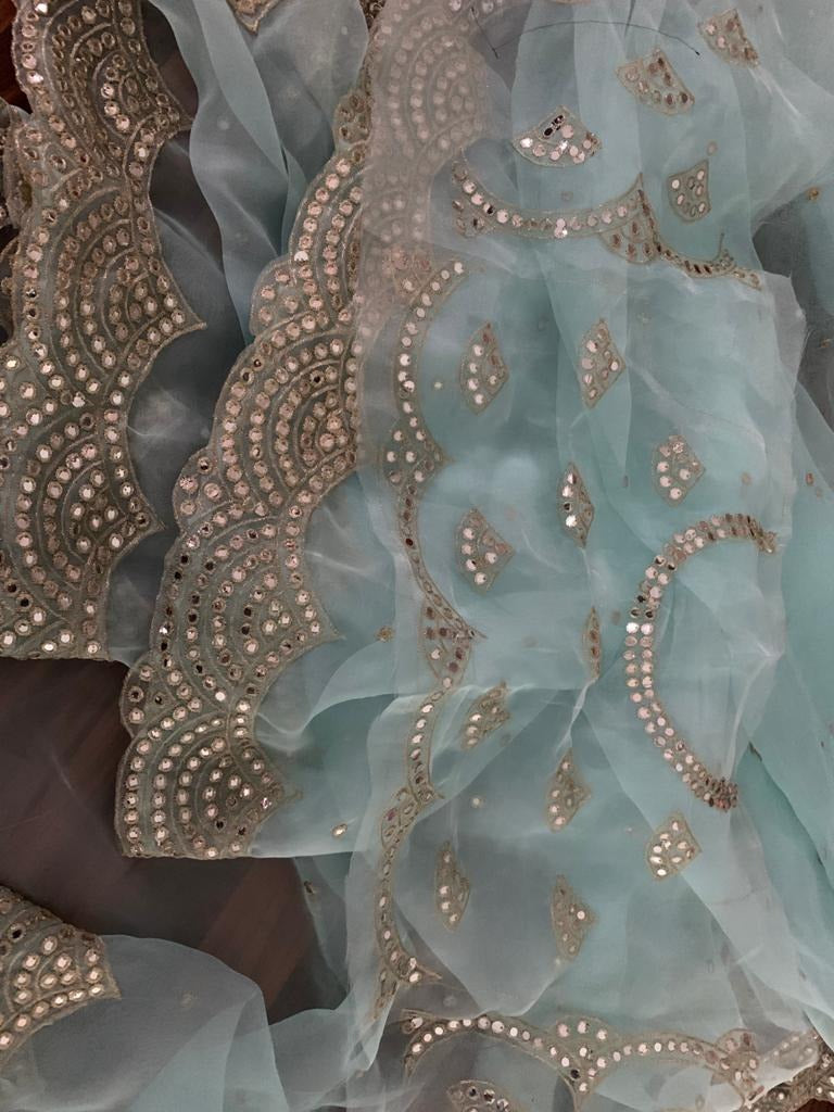 Sea green organza embroidered sequence work saree