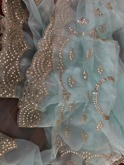 Sea green organza embroidered sequence work saree