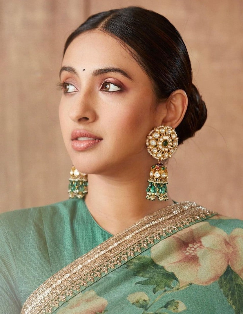 Sea green organza flower printed embroidered border saree