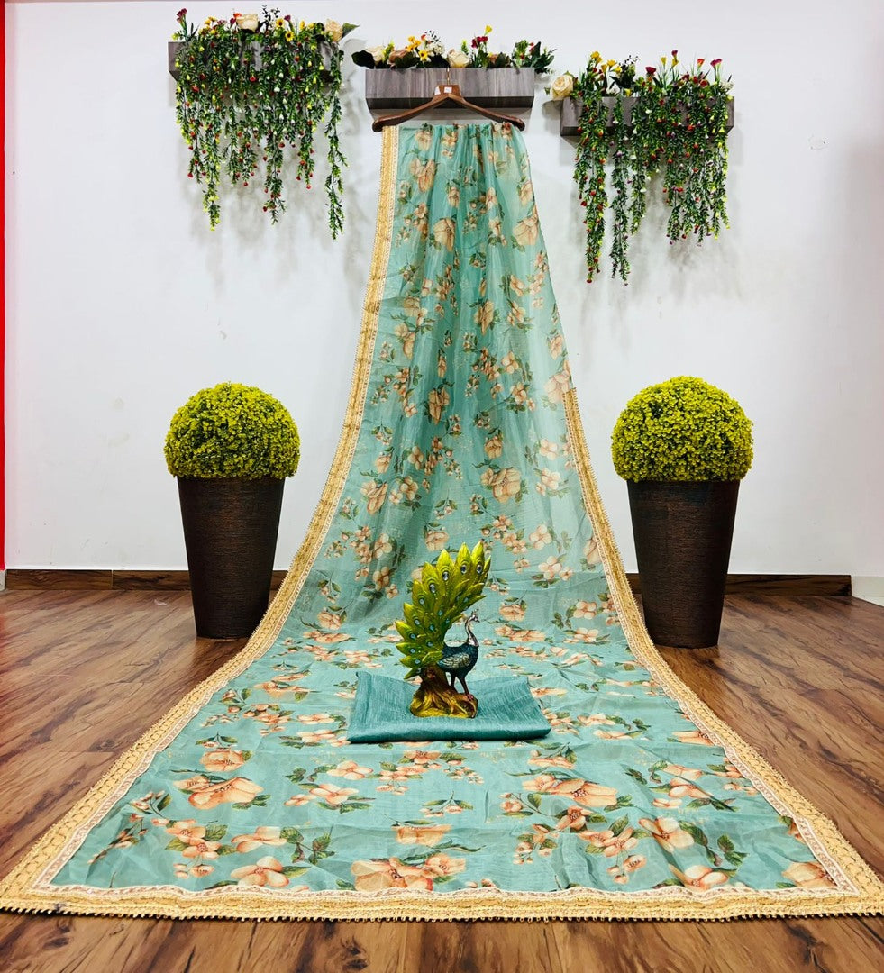 Sea green organza flower printed embroidered border saree