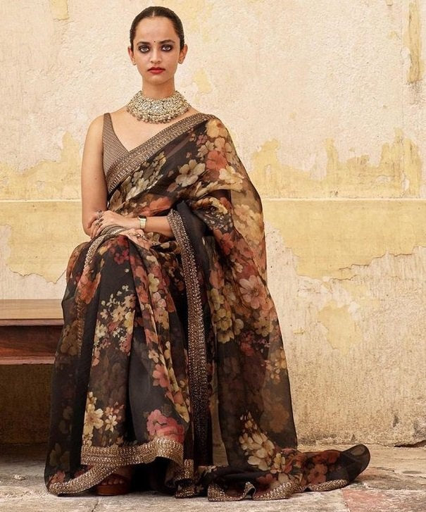 Black organza silk floral digital printed ceremonial saree