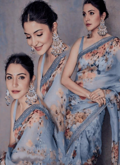 Sea green organza silk floral digital printed ceremonial saree