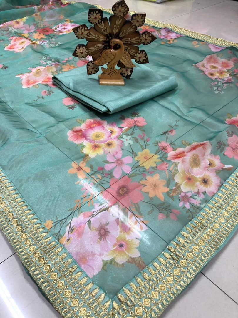 Sea green organza silk floral digital printed ceremonial saree