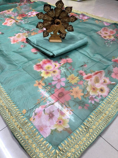 Sea green organza silk floral digital printed ceremonial saree