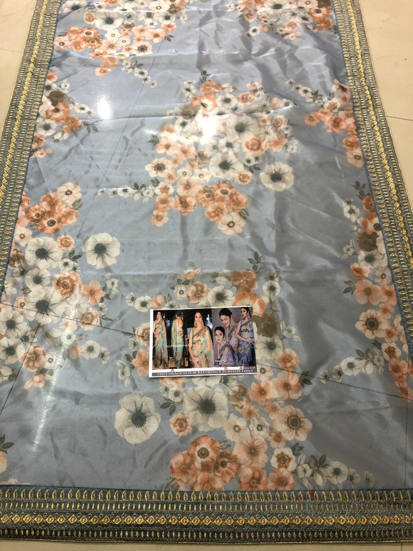 Sea green organza silk floral digital printed ceremonial saree