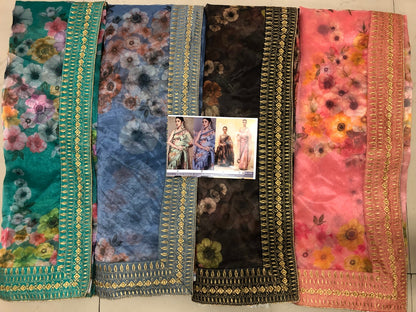 Sea green organza silk floral digital printed ceremonial saree