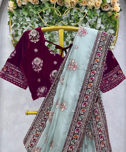 Sea green organza silk heavy work designer wedding saree