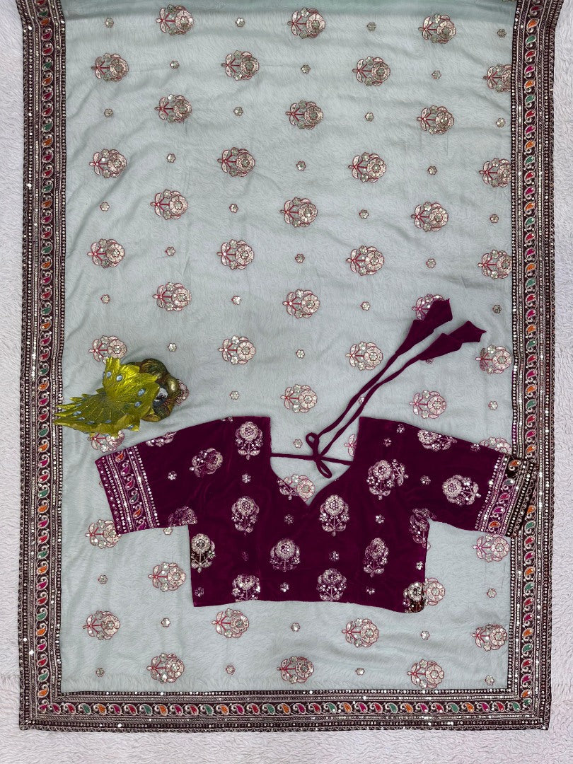 Sea green organza silk heavy work designer wedding saree