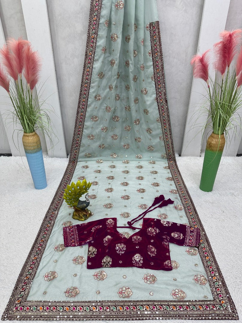 Sea green organza silk heavy work designer wedding saree