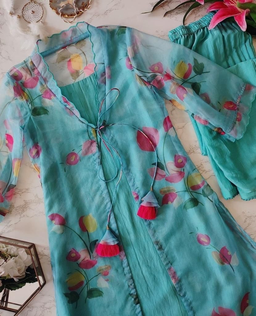 Sea green organza silk printed raksha bandhan special pant suit with shrug