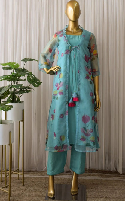 Sea green organza silk printed raksha bandhan special pant suit with shrug