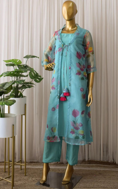 Sea green organza silk printed raksha bandhan special pant suit with shrug