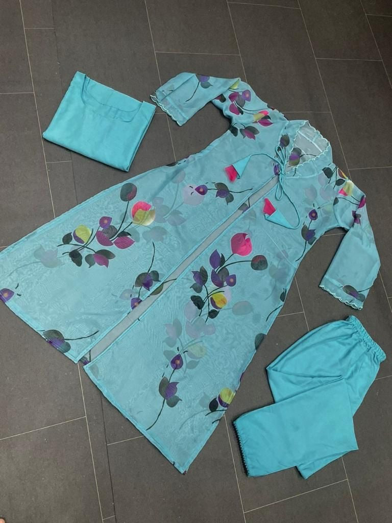Sea green organza silk printed raksha bandhan special pant suit with shrug