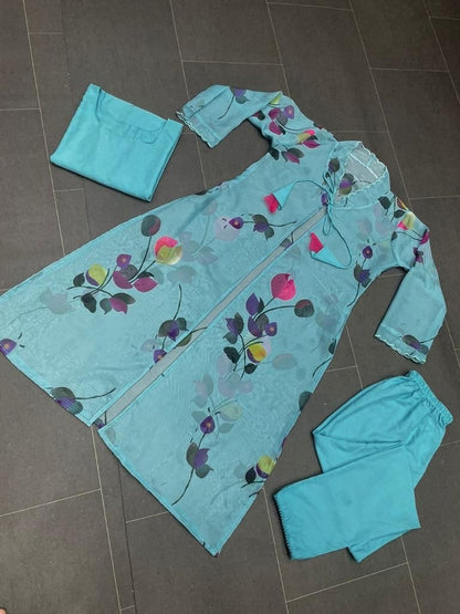 Sea green organza silk printed raksha bandhan special pant suit with shrug