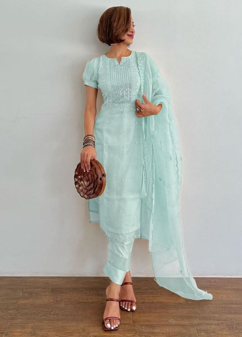 Sea green organza thread and sequence embroidered salwar suit