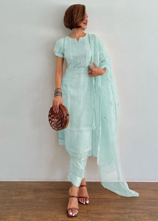 Sea green organza thread and sequence embroidered salwar suit