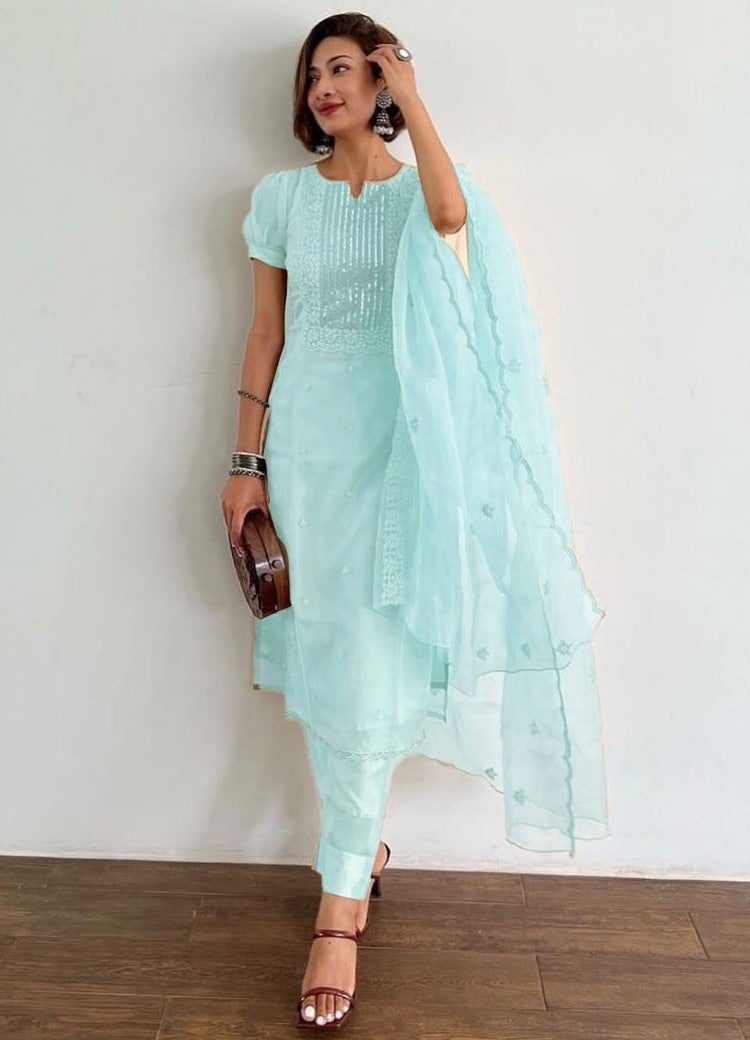 Sea green organza thread and sequence embroidered salwar suit