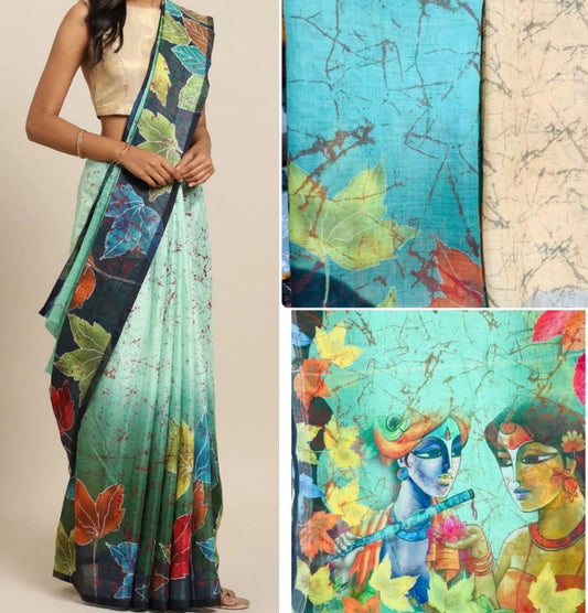 Sea green original linen digital printed work fancy saree