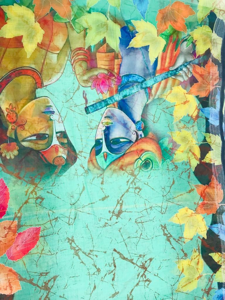 Sea green original linen digital printed work fancy saree