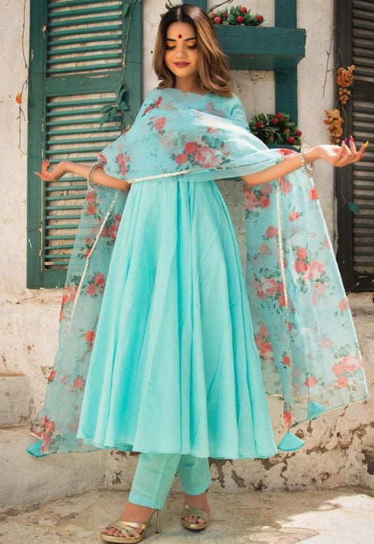 Sea green pc cotton party wear gown with printed dupatta