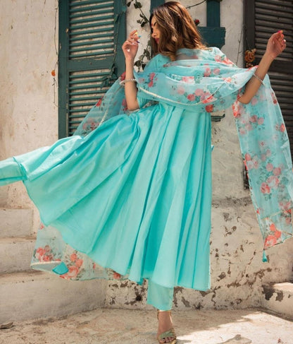 Sea green pc cotton party wear gown with printed dupatta