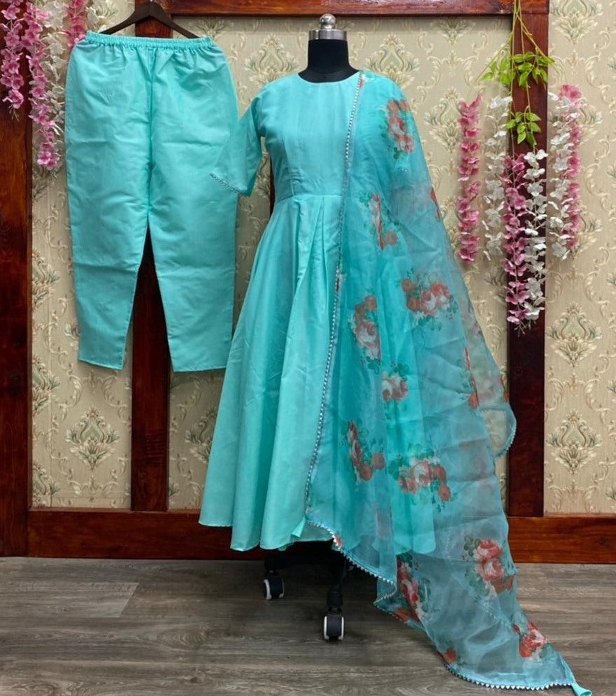 Sea green pc cotton party wear gown with printed dupatta
