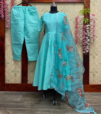 Sea green pc cotton party wear gown with printed dupatta
