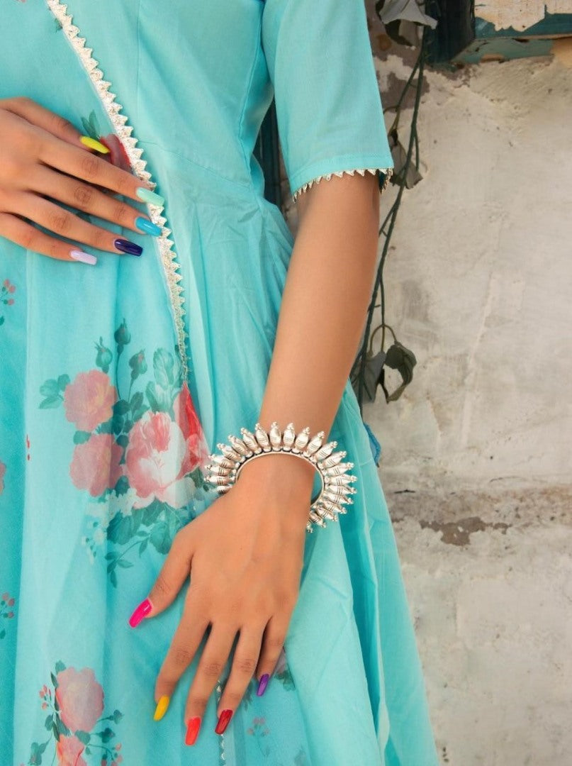 Sea green pc cotton party wear gown with printed dupatta