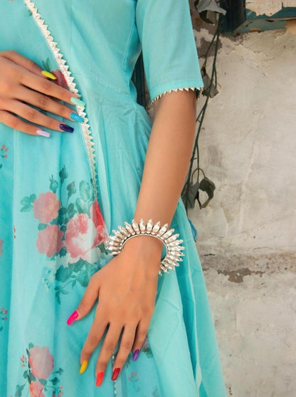 Sea green pc cotton party wear gown with printed dupatta