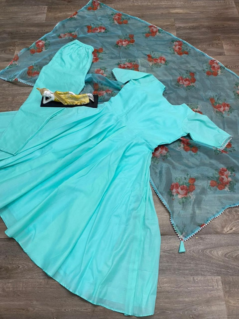 Sea green pc cotton party wear gown with printed dupatta