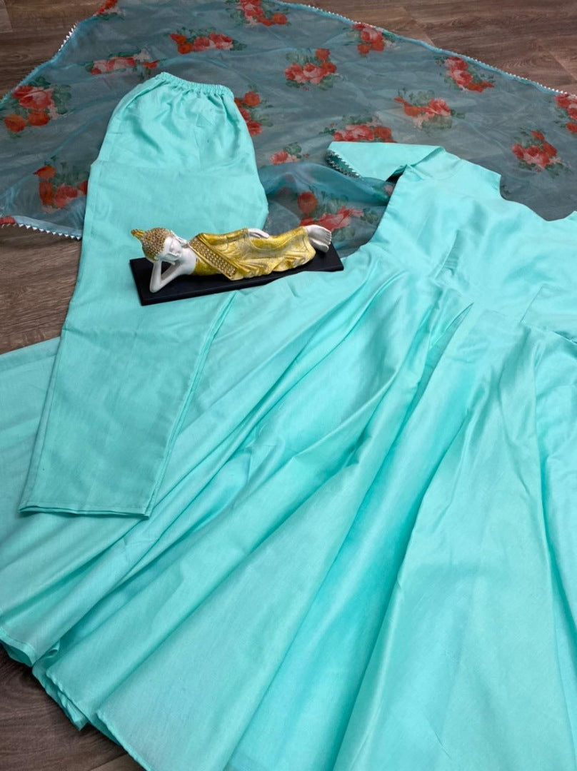 Sea green pc cotton party wear gown with printed dupatta