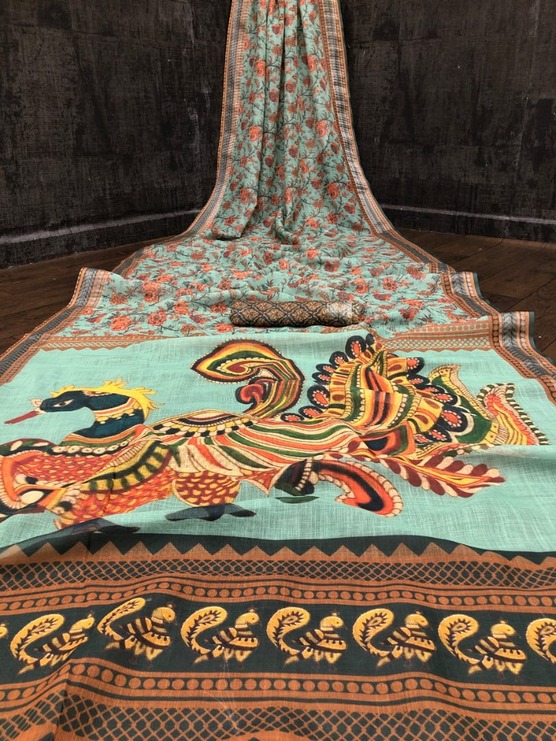 Sea green premium linen kalamkari digital printed work designer saree