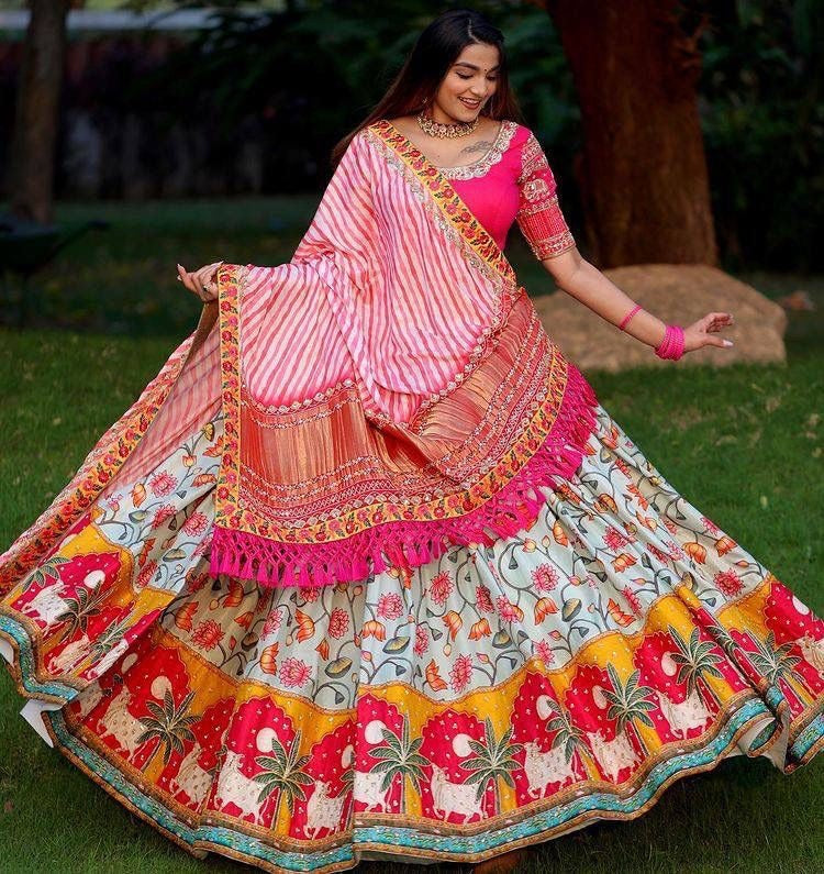 Sea green print and mirror work gujarati garba navratri lehenga chaniya choli