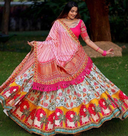 Sea green print and mirror work gujarati garba navratri lehenga chaniya choli