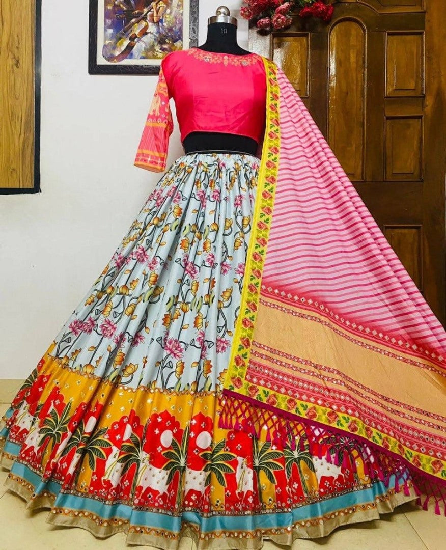 Sea green print and mirror work gujarati garba navratri lehenga chaniya choli