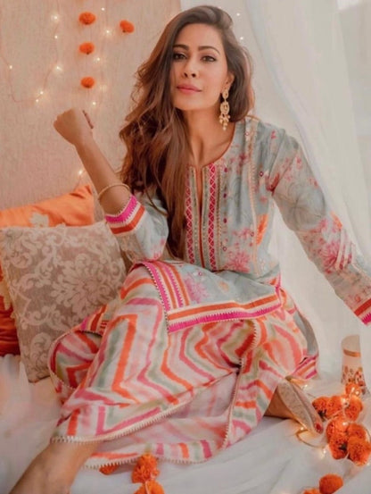 Sea green printed moss georgette dhoti suit