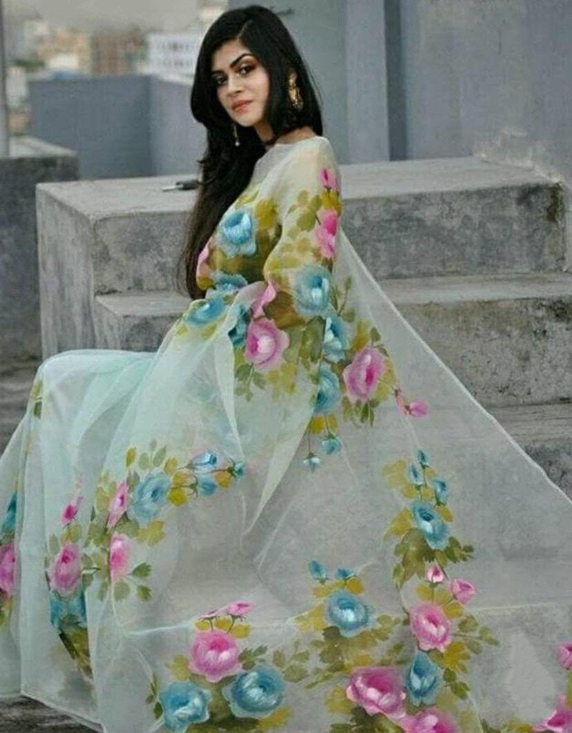 sea green pure orgenza net floral digital printed saree