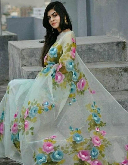 sea green pure orgenza net floral digital printed saree