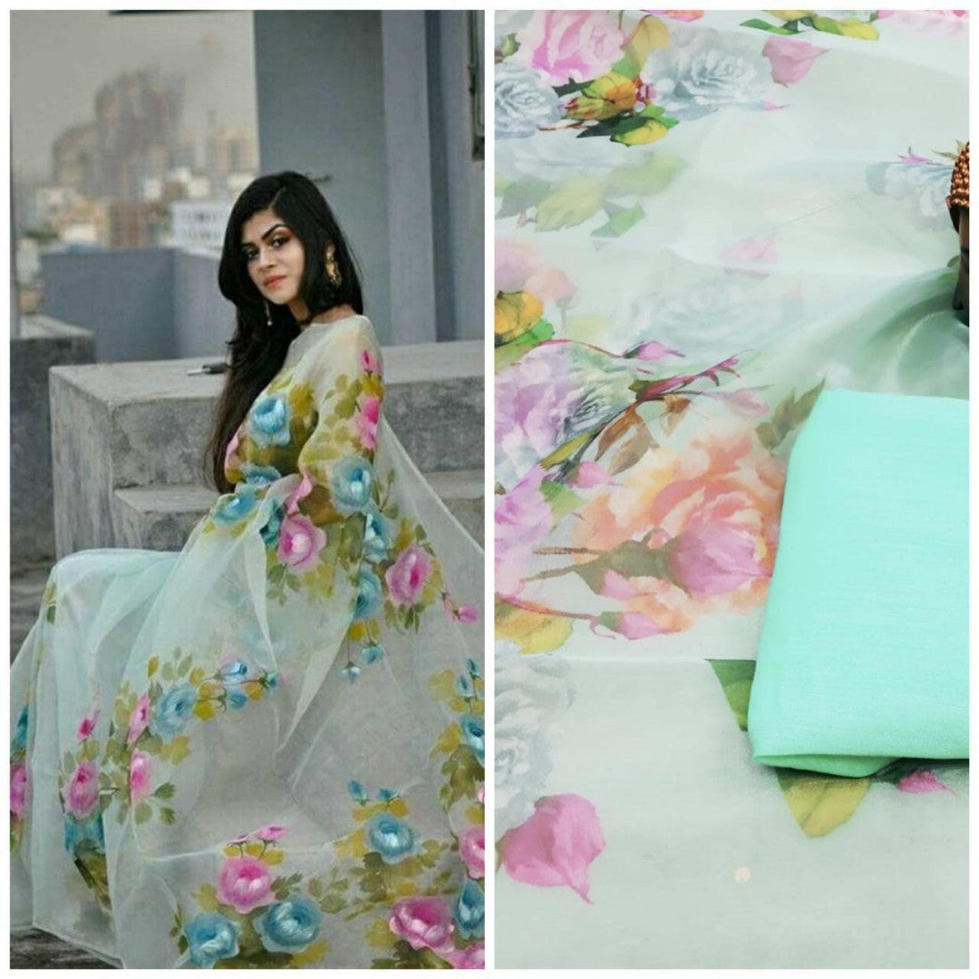 sea green pure orgenza net floral digital printed saree