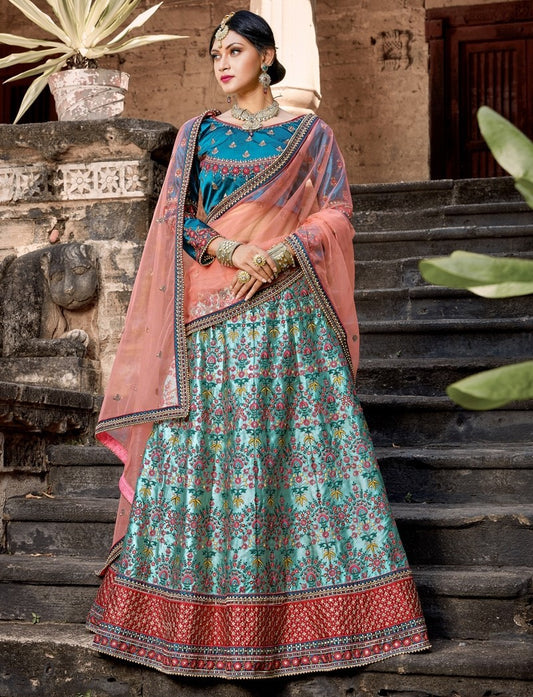 sea green pure satin designer embroidered Bridal lehenga choli
