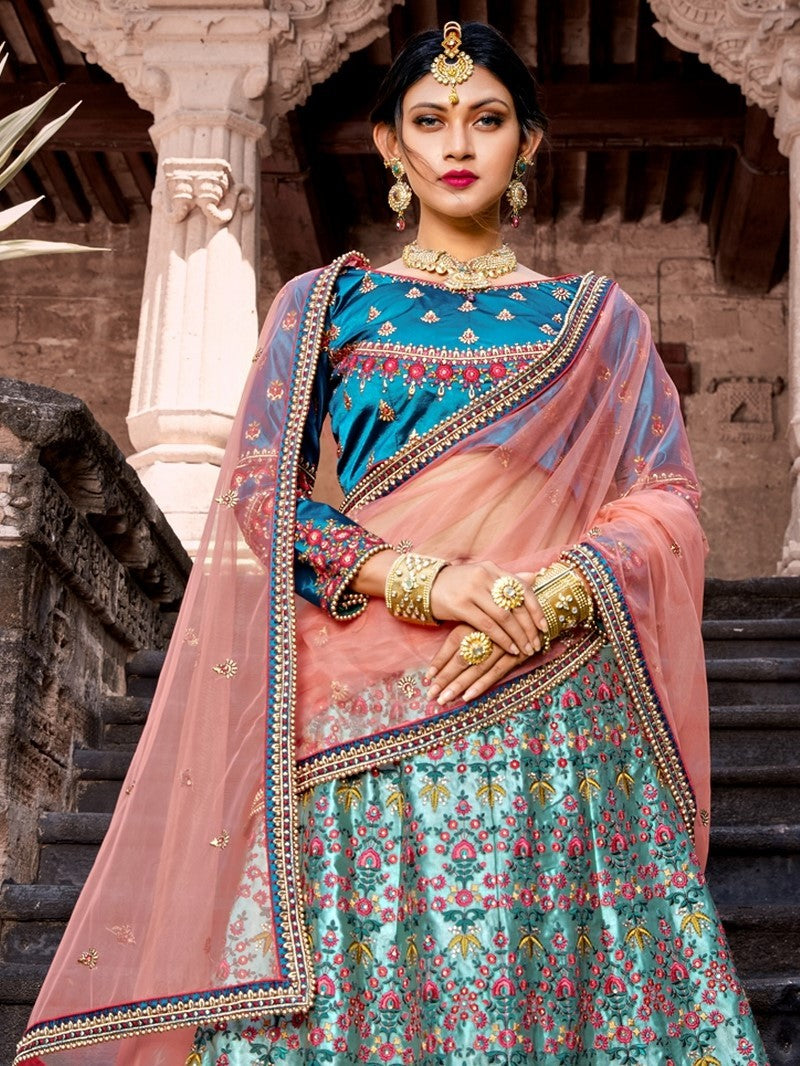 sea green pure satin designer embroidered Bridal lehenga choli