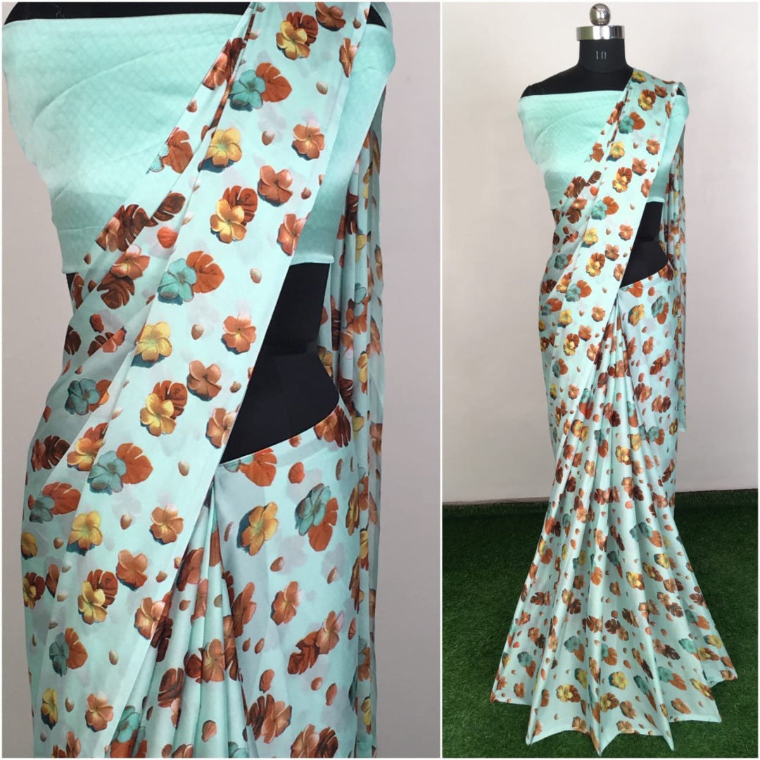 Sea green satin georgette printed saree