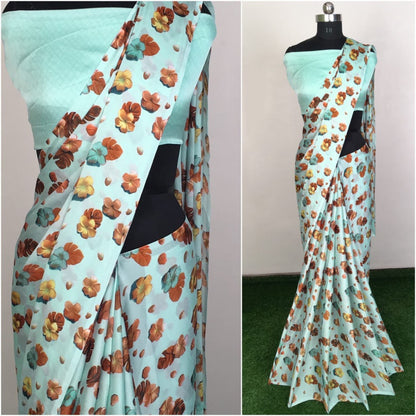 Sea green satin georgette printed saree