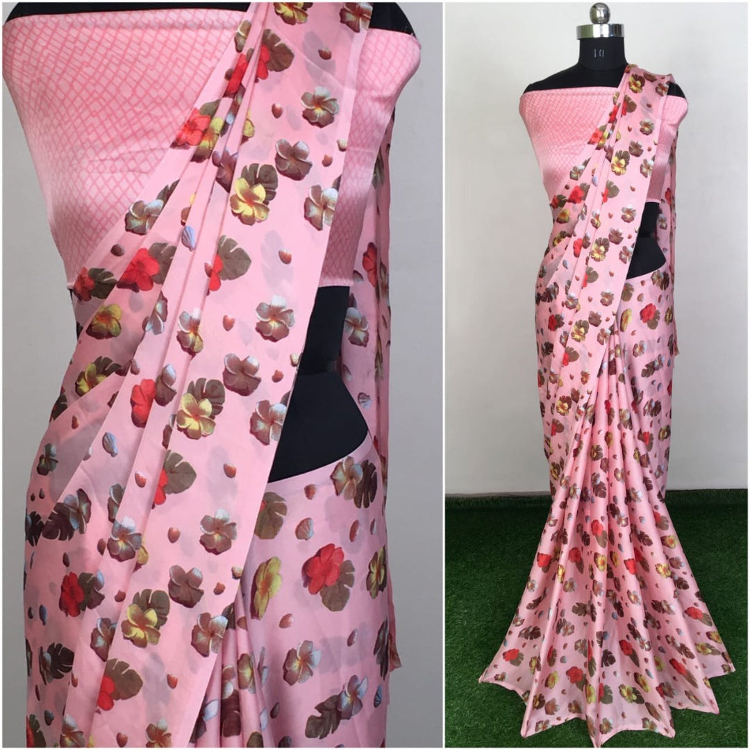 Sea green satin georgette printed saree