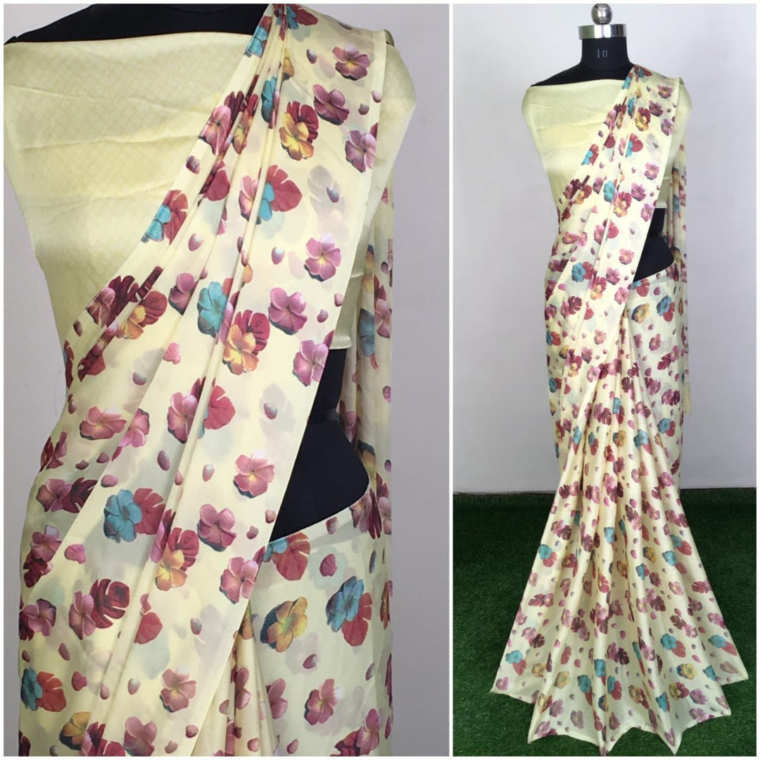 Sea green satin georgette printed saree